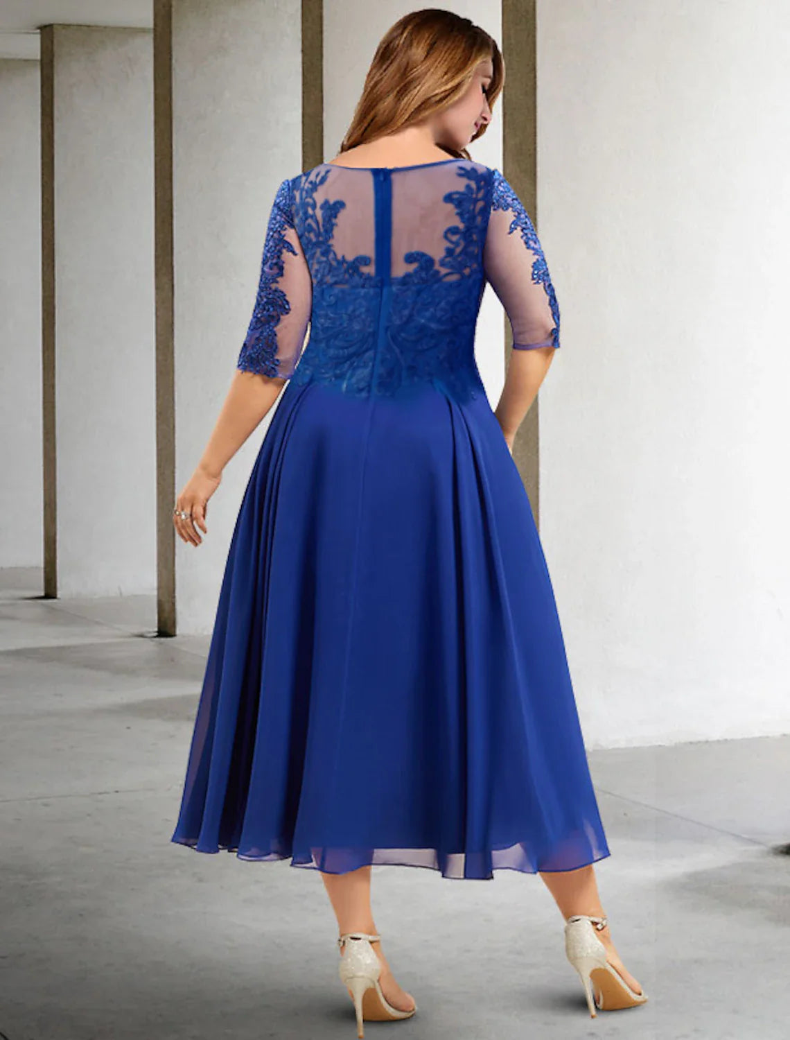 Aimishang  A-Line Mother of the Bride Dresses Plus Size Hide Belly Curve Elegant Dress Formal Tea Length Half Sleeve Jewel Neck Chiffon with Pleats Sequin Appliques Fall