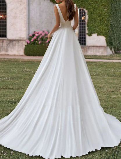 Wholesale Hall Casual Wedding Dresses A-Line V Neck Sleeveless Sweep / Brush Train Chiffon Bridal Gowns With Pleats Pearls