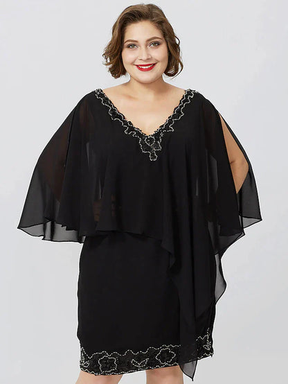 Sheath / Column Mother of the Bride Dress Formal Classic & Timeless Elegant & Luxurious Plus Size V Neck Knee Length Chiffon Sleeveless No with Crystals Beading