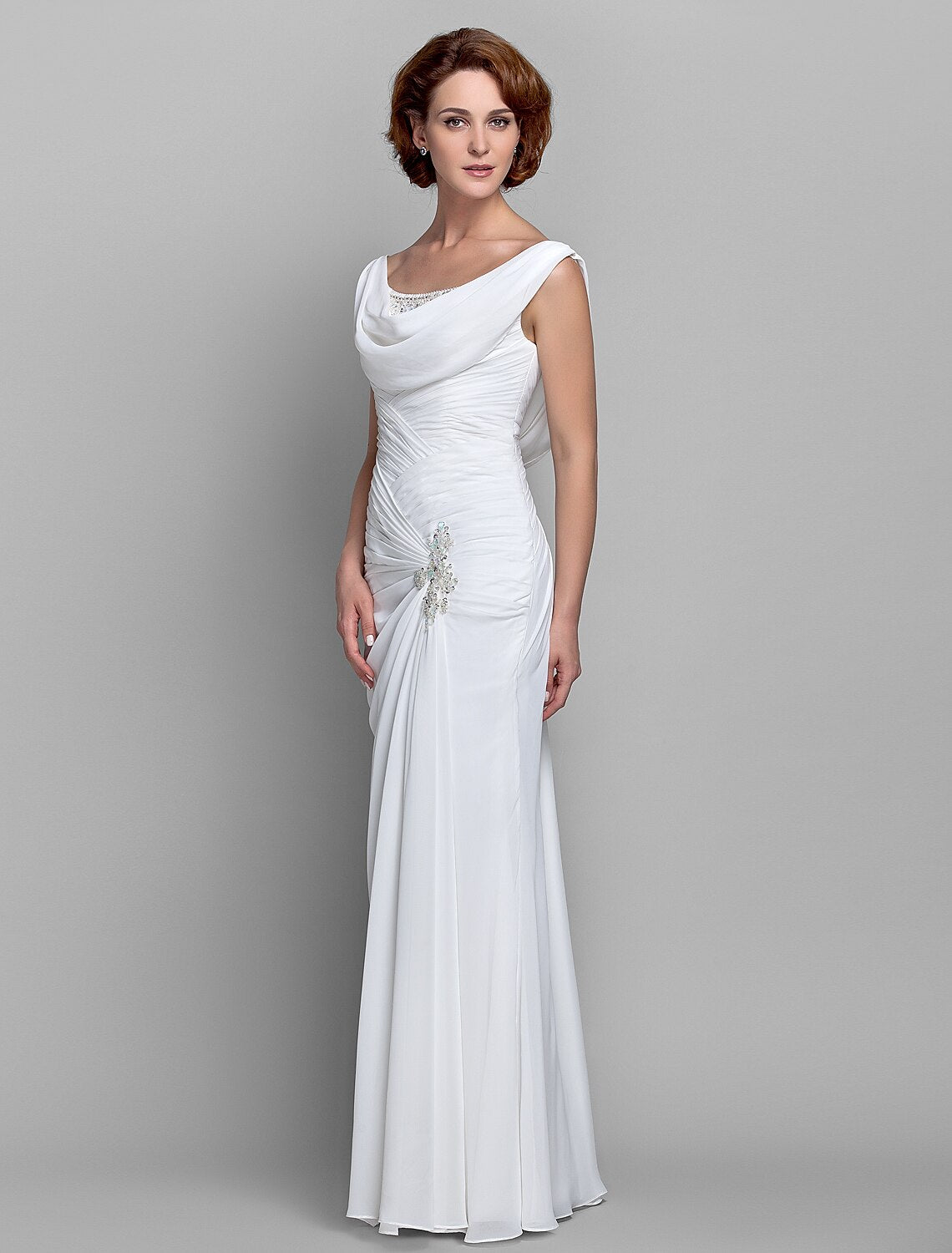 Aimishang Sheath / Column Mother of the Bride Dress Fall Wedding Guest Dresses Vintage Inspired Cowl Neck Floor Length Chiffon Sleeveless with Buttons Criss Cross Crystals