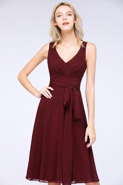 Ruffle Short Burgundy Bridesmaid Dress with Bow Sash