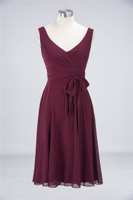 Ruffle Short Burgundy Bridesmaid Dress with Bow Sash