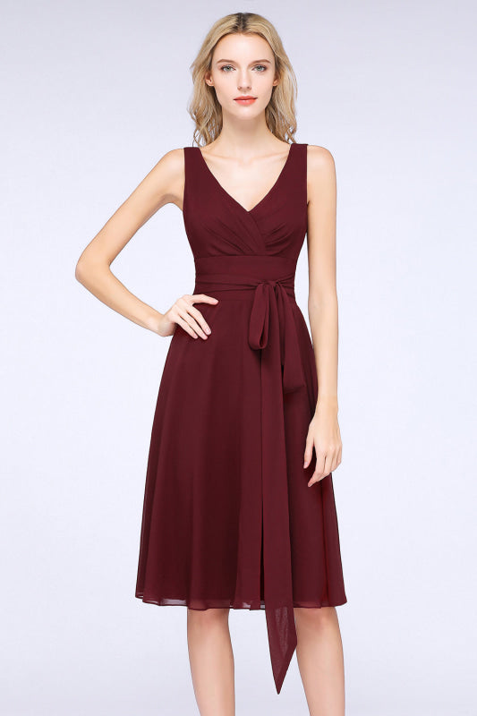 Ruffle Short Burgundy Bridesmaid Dress with Bow Sash