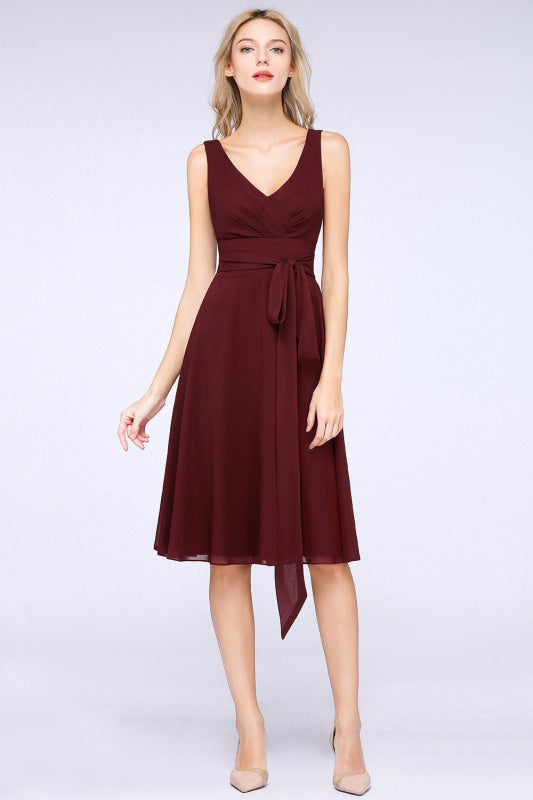Ruffle Short Burgundy Bridesmaid Dress with Bow Sash