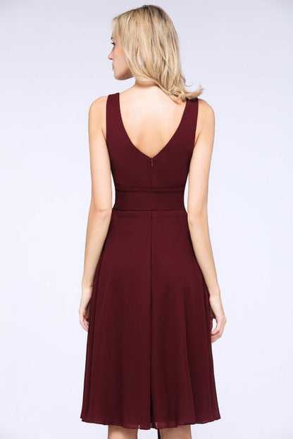 Ruffle Short Burgundy Bridesmaid Dress with Bow Sash