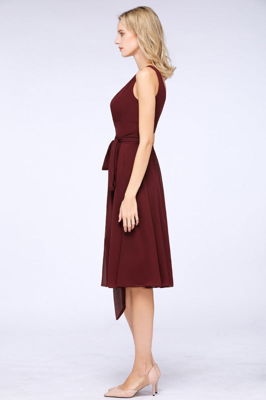 Ruffle Short Burgundy Bridesmaid Dress with Bow Sash