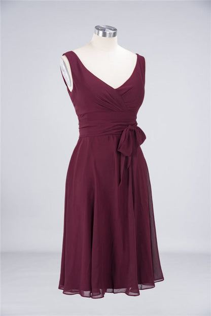 Ruffle Short Burgundy Bridesmaid Dress with Bow Sash