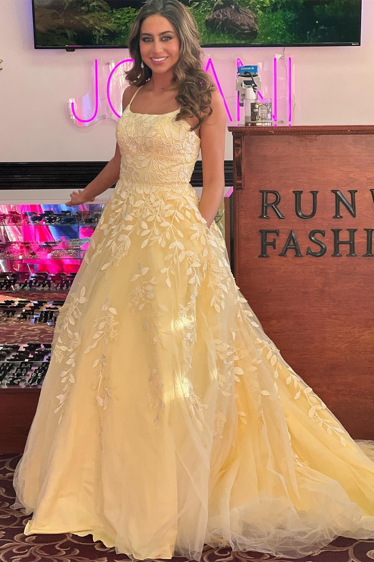 A-Line Nude Pink Straps Appliques Long Prom Gown