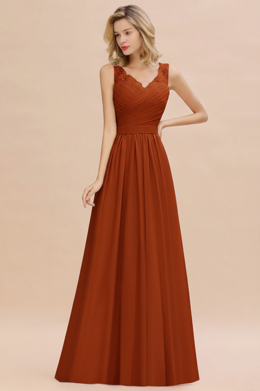 Modest Floral Lace A-line Bridesmaid Dress V-Neck Ruched Chiffon Wedding Guest Dress