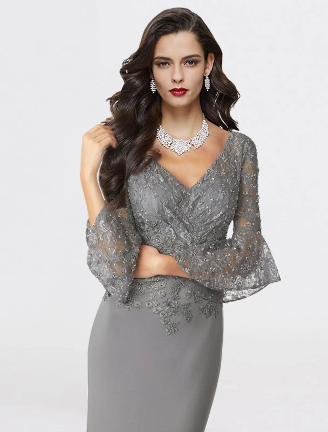 Aimishang Mermaid / Trumpet Mother of the Bride Dress Plus Size Elegant V Neck Sweep / Brush Train Chiffon Lace 3/4 Length Sleeve with Sequin Appliques
