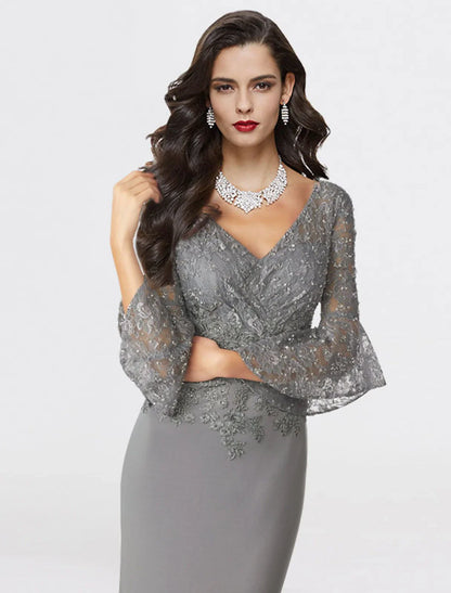 Aimishang Mermaid / Trumpet Mother of the Bride Dress Plus Size Elegant V Neck Sweep / Brush Train Chiffon Lace 3/4 Length Sleeve with Sequin Appliques