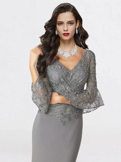 DingjiMermaid / Trumpet Mother of the Bride Dress Plus Size Elegant V Neck Sweep / Brush Train Chiffon Lace 3/4 Length Sleeve with Sequin Appliques