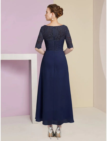A-Line Mother of the Bride Dress Wedding Guest Elegant Scoop Neck Ankle Length Stretch Chiffon Half Sleeve with Crystals Ruching