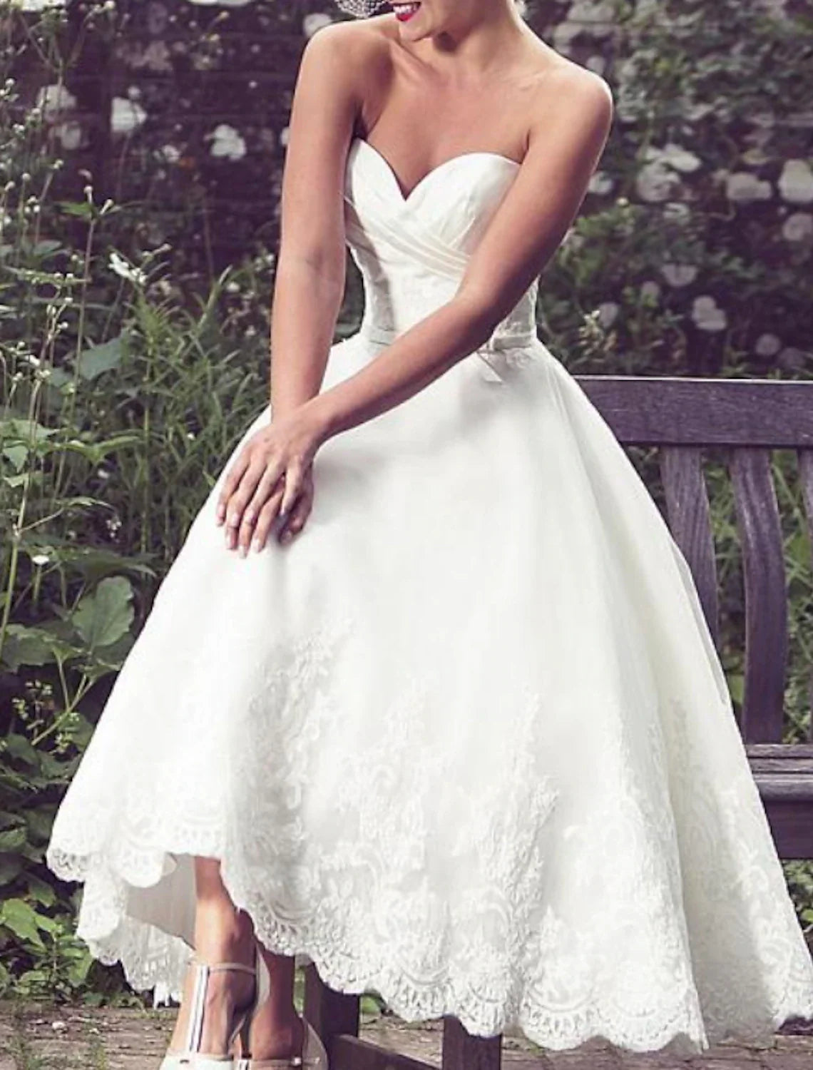 Aimishang Reception Vintage 1940s / 1950s Wedding Dresses A-Line Sweetheart Cap Sleeve Tea Length Lace Bridal Gowns With Appliques