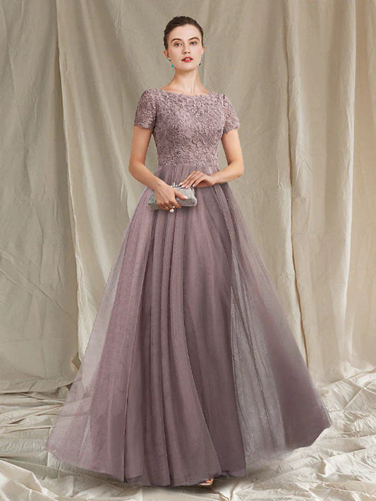 A-Line Mother of the Bride Dress Luxurious Elegant Jewel Neck Floor Length Lace Tulle Short Sleeve with Pleats Appliques