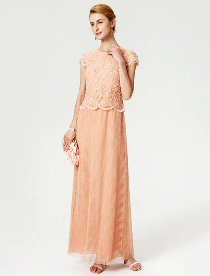 Aimishang  Sheath / Column Mother of the Bride Dress Formal Vintage Inspired Jewel Neck Ankle Length Chiffon Beaded Lace Short Sleeve No with Lace Beading