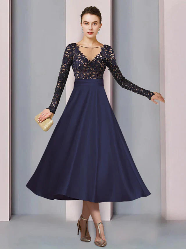 A-Line Mother of the Bride Dress Wedding Guest Elegant Scoop Neck Tea Length Satin Lace Long Sleeve with Pleats Beading Appliques