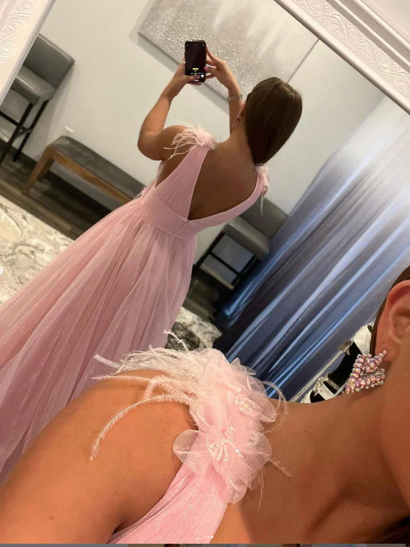 Aimishang Prom Dresses Elegant Deep V Neck Pink Princess Evening Dresses