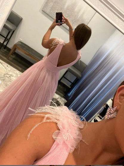 Aimishang Prom Dresses Elegant Deep V Neck Pink Princess Evening Dresses