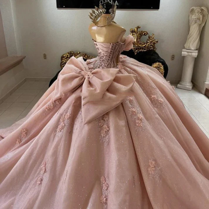 Gorgeous Pink Applique Strapless Sweet 16 Quinceanera A-Line Floor-length Prom Dress Birthday Dress Evening Dress Ball Gown HZ1024