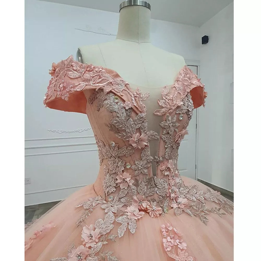 Gorgeous Pink Applique Off-the-shoulder Sweet 16 Quinceanera A-Line Floor-length Prom Dress Birthday Dress Evening Dress Ball Gown HZ1024