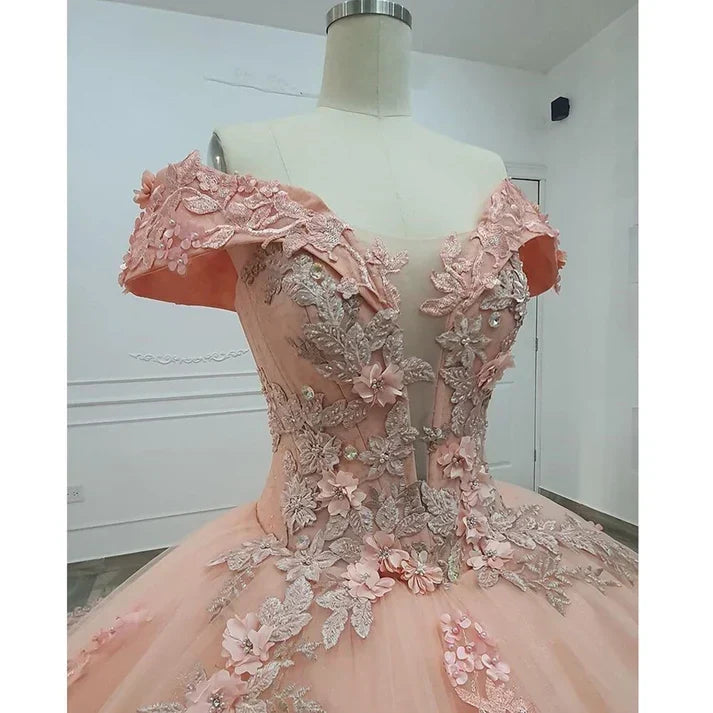 Gorgeous Pink Applique Off-the-shoulder Sweet 16 Quinceanera A-Line Floor-length Prom Dress Birthday Dress Evening Dress Ball Gown HZ1024