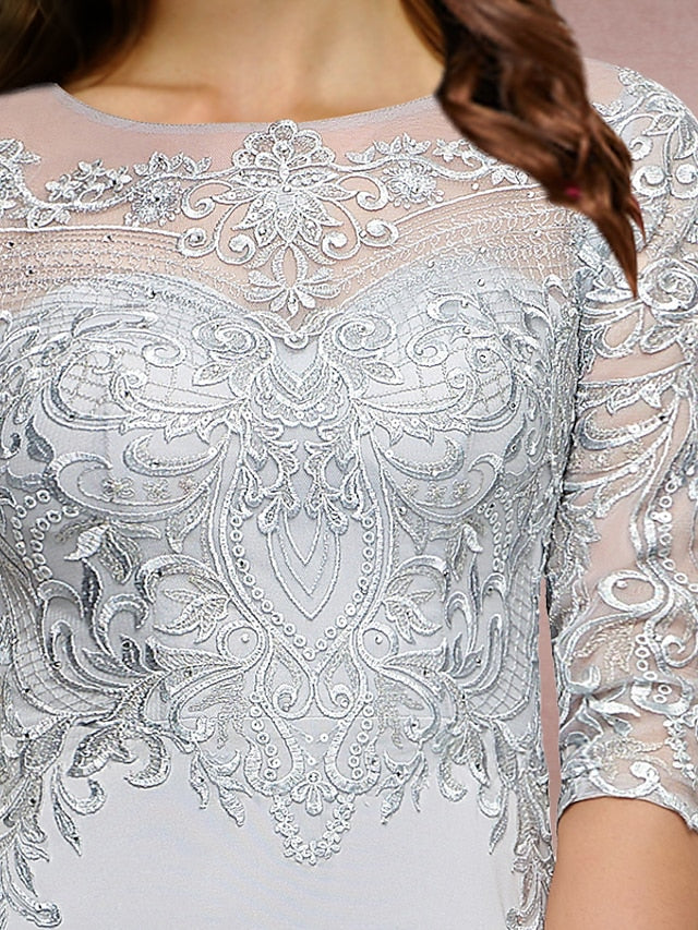 Plus Size Curve Mother of the Bride Dress Wedding Guest Vintage Elegant Scoop Neck Sweep / Brush Train Chiffon Lace Half Sleeve with Sequin