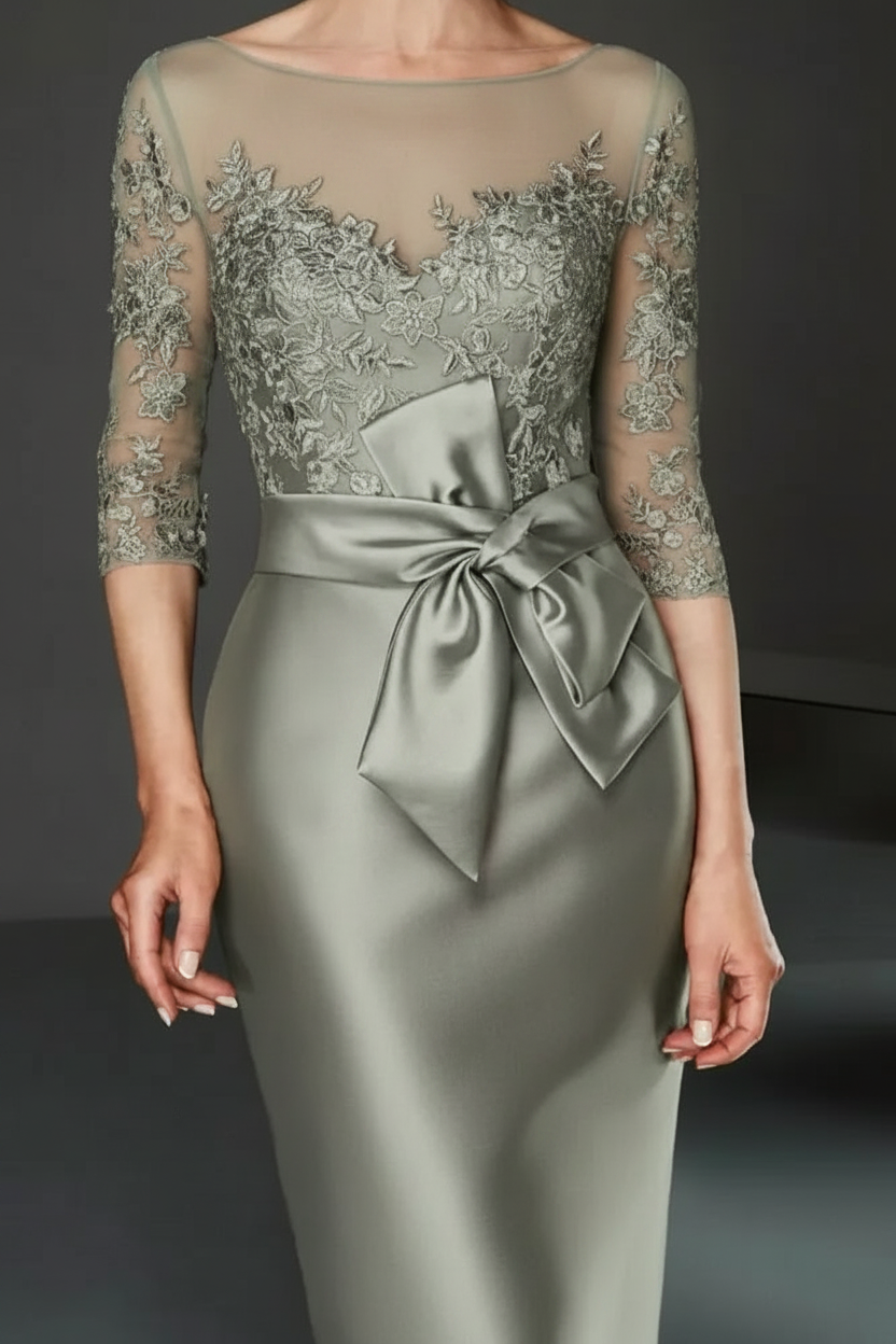 Bateau 3/4 Long Sleeves Satin Mother of the Bride Dresses with Lace