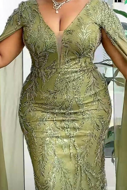 Sage Lace Beadings Mermaid V-neck Mother of the bride Dresses with Cape