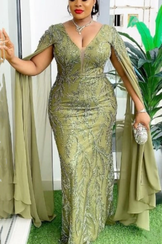 Sage Lace Beadings Mermaid V-neck Mother of the bride Dresses with Cape