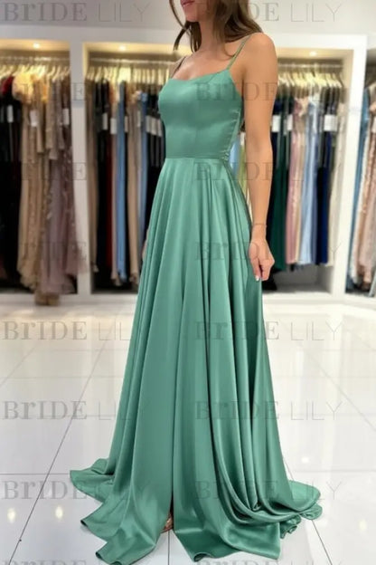 Spaghetti Straps Simple Satin Long Prom Dress with Slit