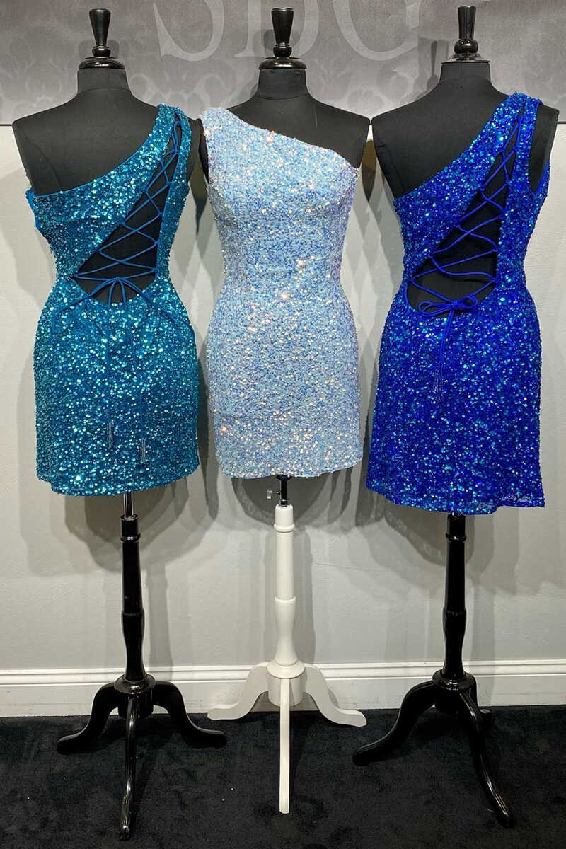 Royal Blue Sequins One-Shoulder Lace-Up Mini Homecoming Dress