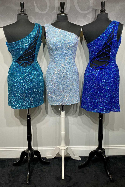 Royal Blue Sequins One-Shoulder Lace-Up Mini Homecoming Dress