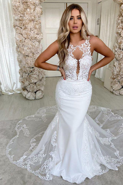 Satin Backless Long Mermaid Wedding Dress with Lace and Spaghetti-Straps