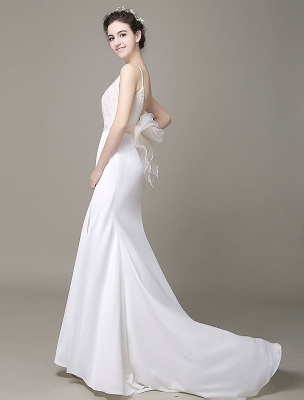 Satin Sheath Wedding Dress Bow Back Belt Lace Beading Evening Dress