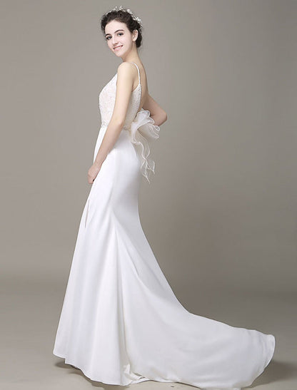 Satin Sheath Wedding Dress Bow Back Belt Lace Beading Evening Dress