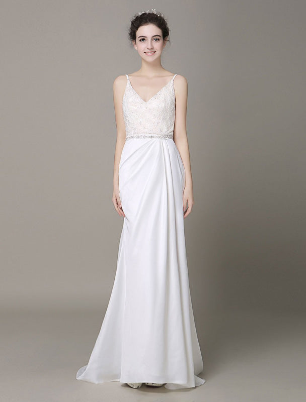 Satin Sheath Wedding Dress Bow Back Belt Lace Beading Evening Dress