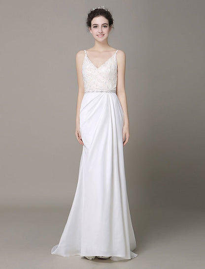 Satin Sheath Wedding Dress Bow Back Belt Lace Beading Evening Dress