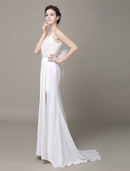 Satin Sheath Wedding Dress Bow Back Belt Lace Beading Evening Dress