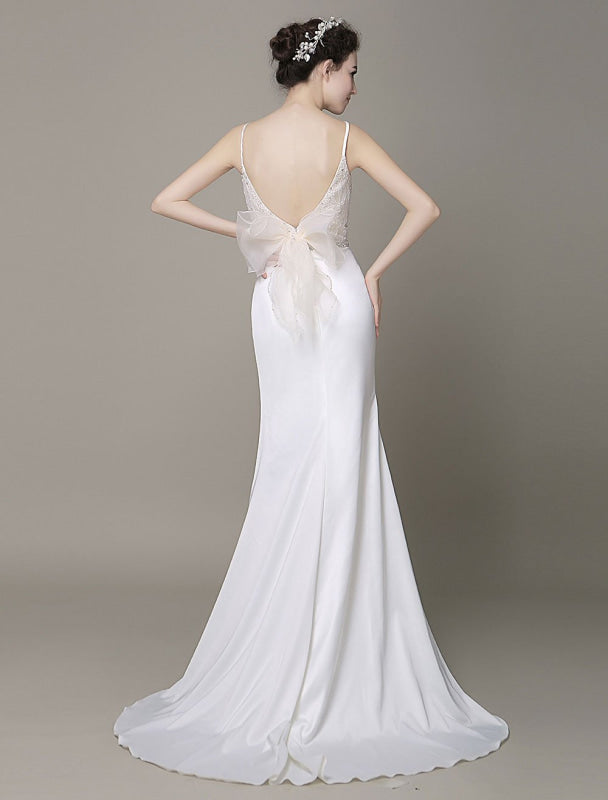 Satin Sheath Wedding Dress Bow Back Belt Lace Beading Evening Dress