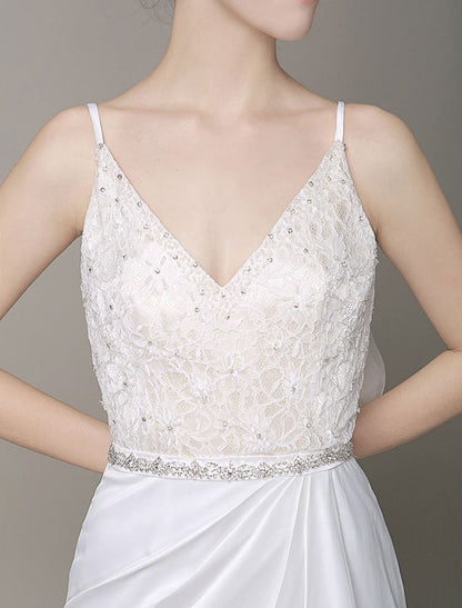 Satin Sheath Wedding Dress Bow Back Belt Lace Beading Evening Dress