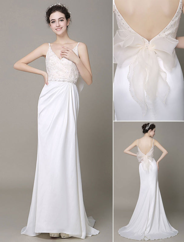 Satin Sheath Wedding Dress Bow Back Belt Lace Beading Evening Dress
