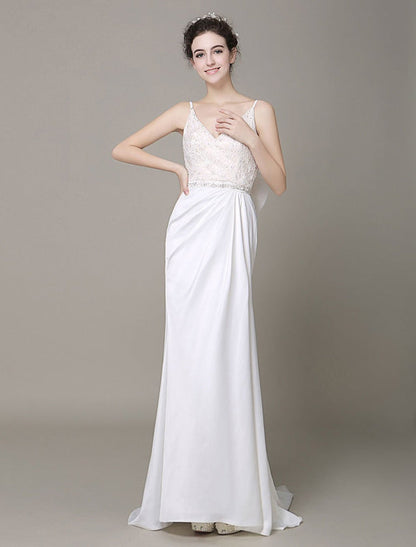 Satin Sheath Wedding Dress Bow Back Belt Lace Beading Evening Dress
