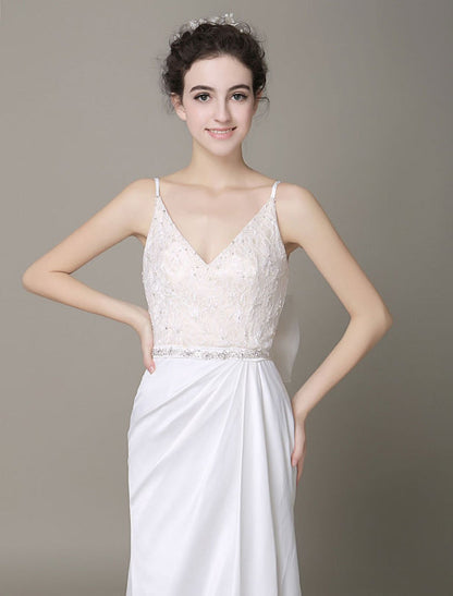 Satin Sheath Wedding Dress Bow Back Belt Lace Beading Evening Dress
