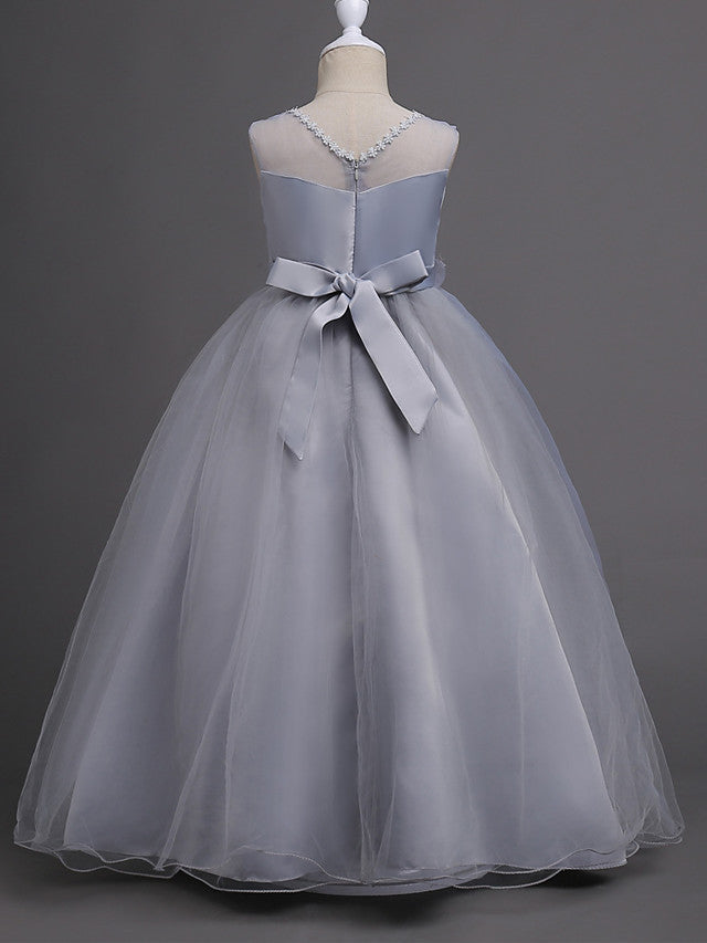 Satin Tulle Flower Girl Dress for Special Occasions - Princess Long Length with Belt Appliques