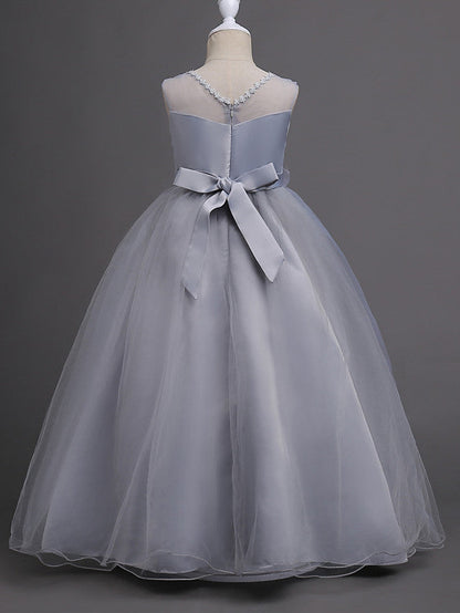 Satin Tulle Flower Girl Dress for Special Occasions - Princess Long Length with Belt Appliques