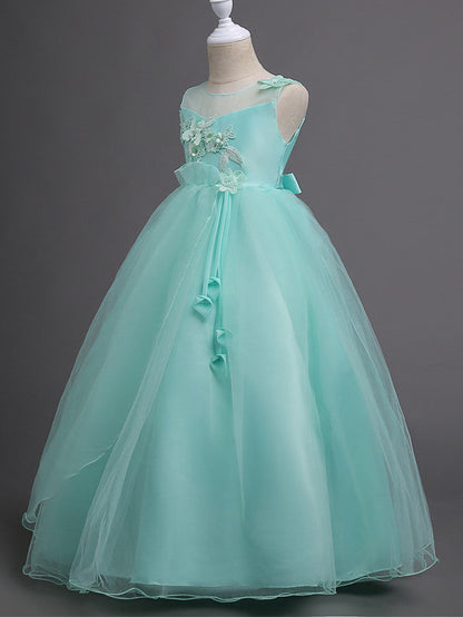 Satin Tulle Flower Girl Dress for Special Occasions - Princess Long Length with Belt Appliques
