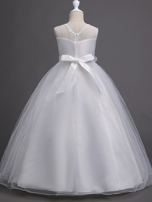 Satin Tulle Flower Girl Dress for Special Occasions - Princess Long Length with Belt Appliques