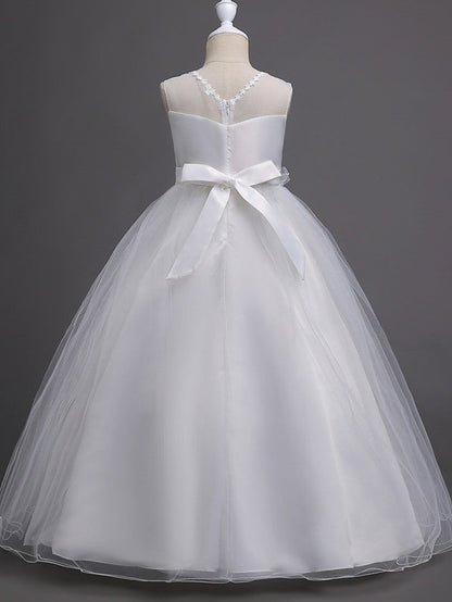 Satin Tulle Flower Girl Dress for Special Occasions - Princess Long Length with Belt Appliques