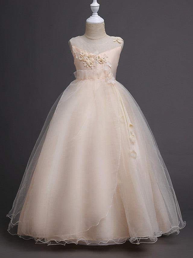 Satin Tulle Flower Girl Dress for Special Occasions - Princess Long Length with Belt Appliques